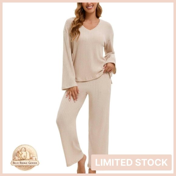 Ribbed Knit V-Neck Lounge Set Elegant Chic Minimal Wide Leg Pants